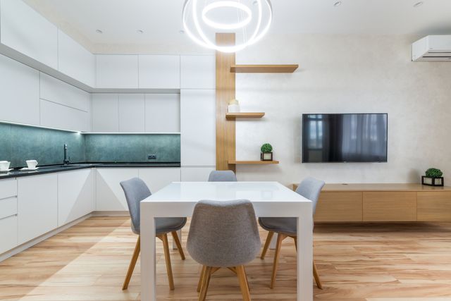 modern kitchen and dining room with minimalist decor